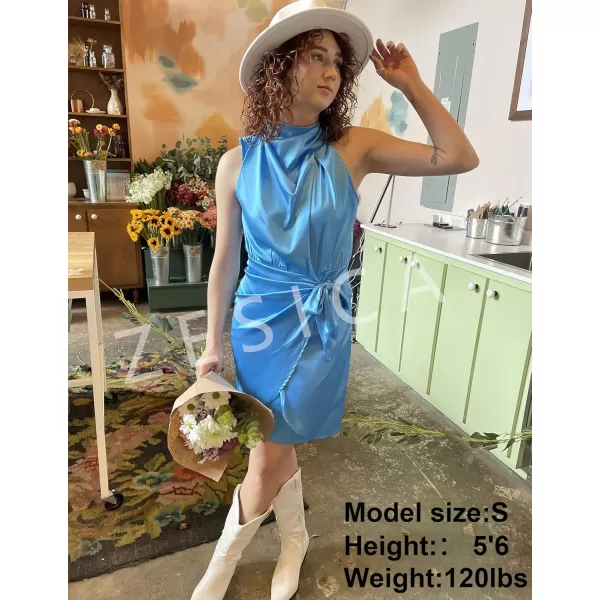 imageZESICA Womens 2024 Fashion Satin Sleeveless Halter Neck Tie Waist Wrap Bodycon Cocktail Party Mini DressBlue