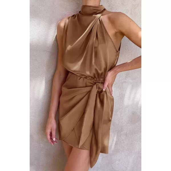 imageZESICA Womens 2024 Fashion Satin Sleeveless Halter Neck Tie Waist Wrap Bodycon Cocktail Party Mini DressBrown