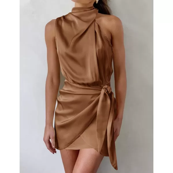 imageZESICA Womens 2024 Fashion Satin Sleeveless Halter Neck Tie Waist Wrap Bodycon Cocktail Party Mini DressBrown