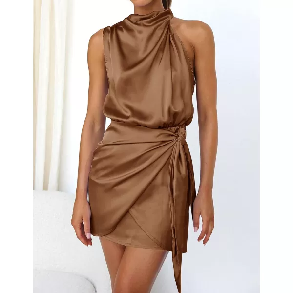 imageZESICA Womens 2024 Fashion Satin Sleeveless Halter Neck Tie Waist Wrap Bodycon Cocktail Party Mini DressBrown
