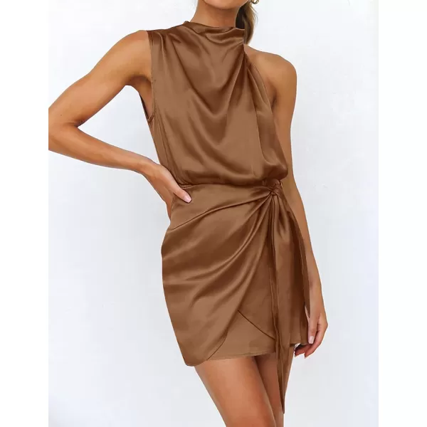imageZESICA Womens 2024 Fashion Satin Sleeveless Halter Neck Tie Waist Wrap Bodycon Cocktail Party Mini DressBrown