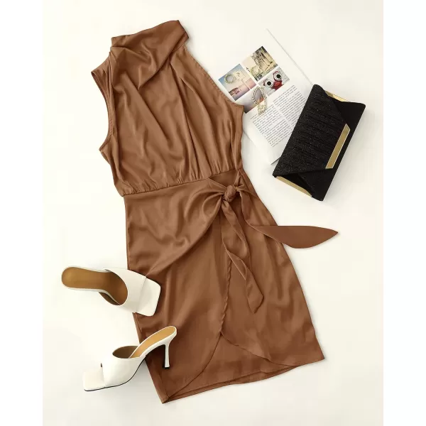 imageZESICA Womens 2024 Fashion Satin Sleeveless Halter Neck Tie Waist Wrap Bodycon Cocktail Party Mini DressBrown