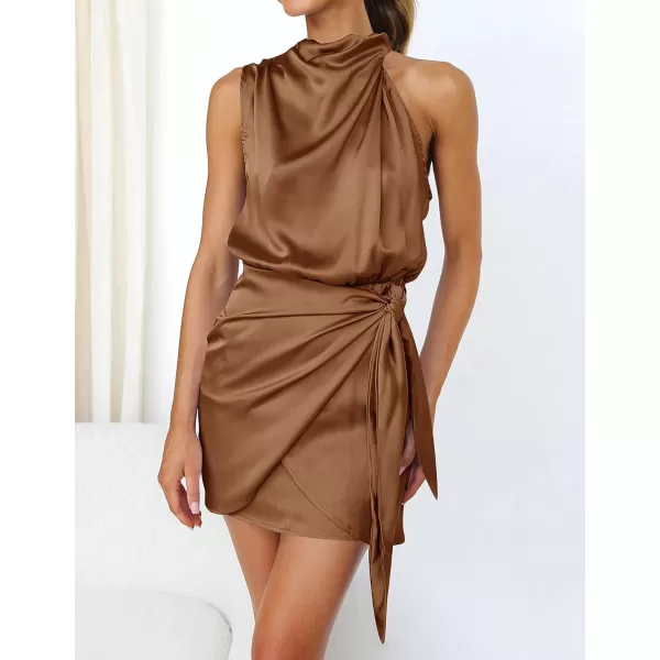 imageZESICA Womens 2024 Fashion Satin Sleeveless Halter Neck Tie Waist Wrap Bodycon Cocktail Party Mini DressBrown