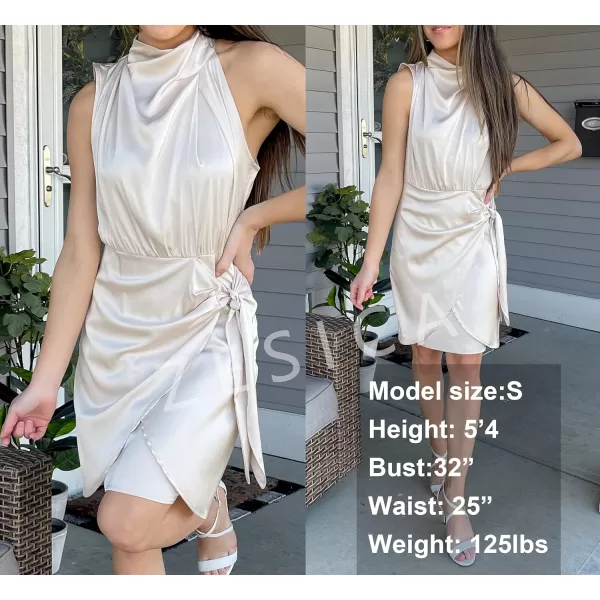 imageZESICA Womens 2024 Fashion Satin Sleeveless Halter Neck Tie Waist Wrap Bodycon Cocktail Party Mini DressChampagne