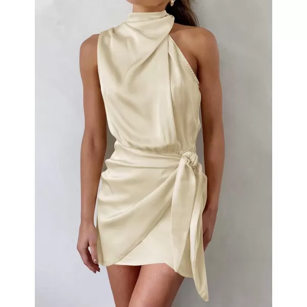 imageZESICA Womens 2024 Fashion Satin Sleeveless Halter Neck Tie Waist Wrap Bodycon Cocktail Party Mini DressChampagne