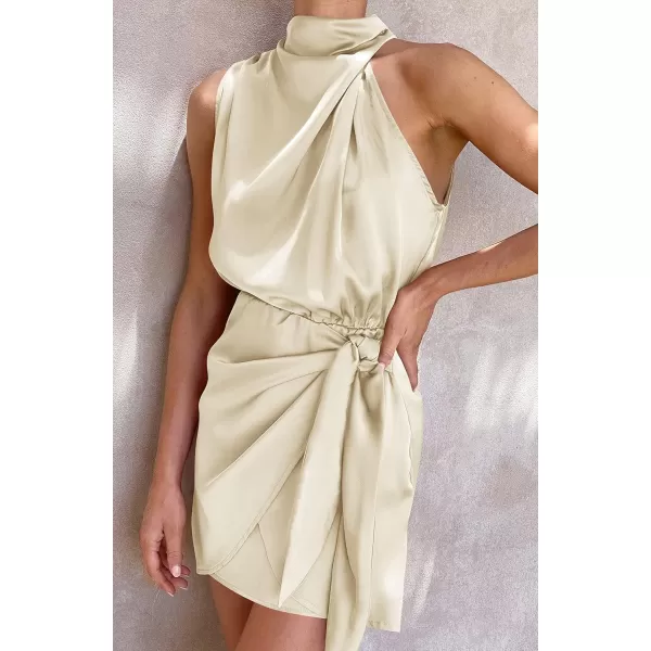imageZESICA Womens 2024 Fashion Satin Sleeveless Halter Neck Tie Waist Wrap Bodycon Cocktail Party Mini DressChampagne