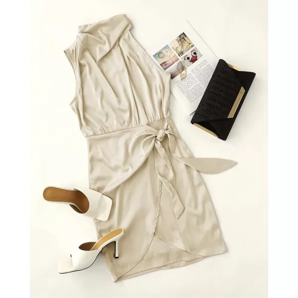 imageZESICA Womens 2024 Fashion Satin Sleeveless Halter Neck Tie Waist Wrap Bodycon Cocktail Party Mini DressChampagne