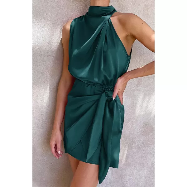 imageZESICA Womens 2024 Fashion Satin Sleeveless Halter Neck Tie Waist Wrap Bodycon Cocktail Party Mini DressEmeraldgreen