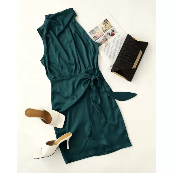imageZESICA Womens 2024 Fashion Satin Sleeveless Halter Neck Tie Waist Wrap Bodycon Cocktail Party Mini DressEmeraldgreen