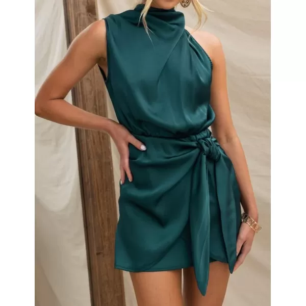 imageZESICA Womens 2024 Fashion Satin Sleeveless Halter Neck Tie Waist Wrap Bodycon Cocktail Party Mini DressEmeraldgreen