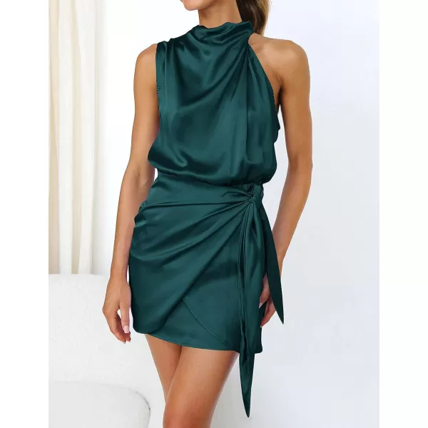 imageZESICA Womens 2024 Fashion Satin Sleeveless Halter Neck Tie Waist Wrap Bodycon Cocktail Party Mini DressEmeraldgreen