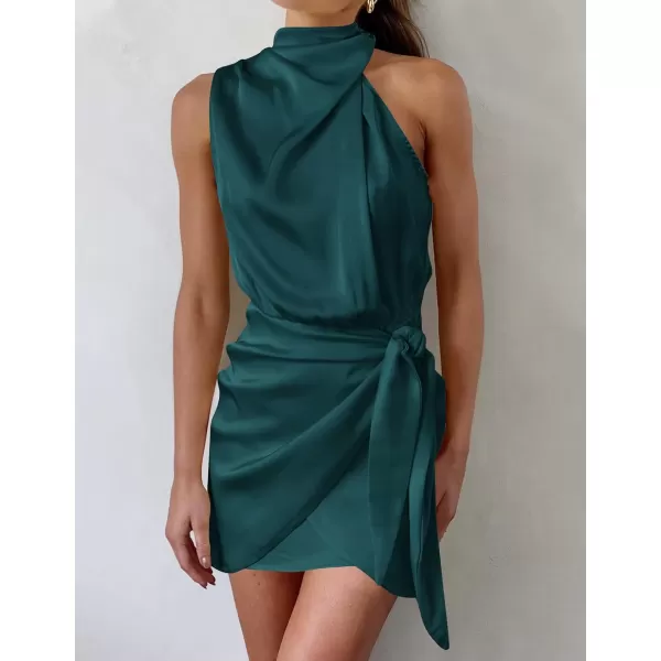 imageZESICA Womens 2024 Fashion Satin Sleeveless Halter Neck Tie Waist Wrap Bodycon Cocktail Party Mini DressEmeraldgreen