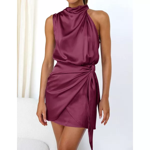 imageZESICA Womens 2024 Fashion Satin Sleeveless Halter Neck Tie Waist Wrap Bodycon Cocktail Party Mini DressFuchsia