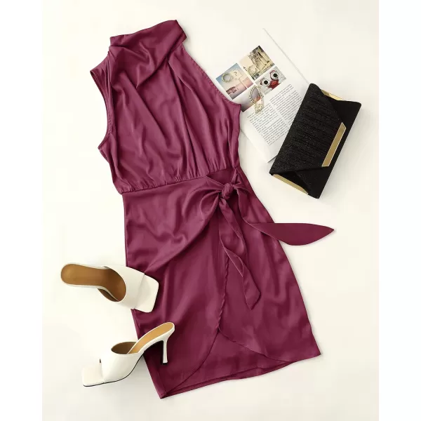 imageZESICA Womens 2024 Fashion Satin Sleeveless Halter Neck Tie Waist Wrap Bodycon Cocktail Party Mini DressFuchsia