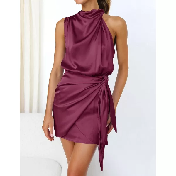 imageZESICA Womens 2024 Fashion Satin Sleeveless Halter Neck Tie Waist Wrap Bodycon Cocktail Party Mini DressFuchsia