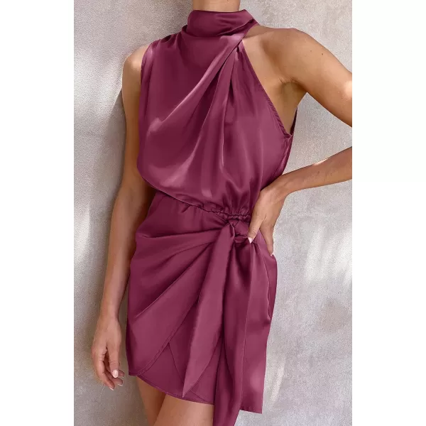 imageZESICA Womens 2024 Fashion Satin Sleeveless Halter Neck Tie Waist Wrap Bodycon Cocktail Party Mini DressFuchsia