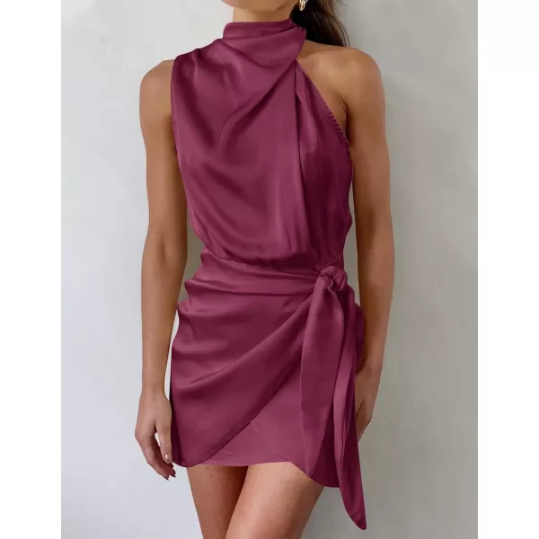 imageZESICA Womens 2024 Fashion Satin Sleeveless Halter Neck Tie Waist Wrap Bodycon Cocktail Party Mini DressFuchsia