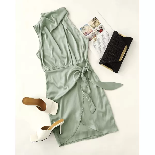 imageZESICA Womens 2024 Fashion Satin Sleeveless Halter Neck Tie Waist Wrap Bodycon Cocktail Party Mini DressGreen