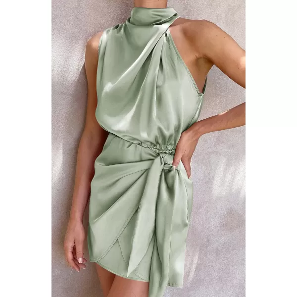 imageZESICA Womens 2024 Fashion Satin Sleeveless Halter Neck Tie Waist Wrap Bodycon Cocktail Party Mini DressGreen