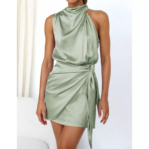 imageZESICA Womens 2024 Fashion Satin Sleeveless Halter Neck Tie Waist Wrap Bodycon Cocktail Party Mini DressGreen