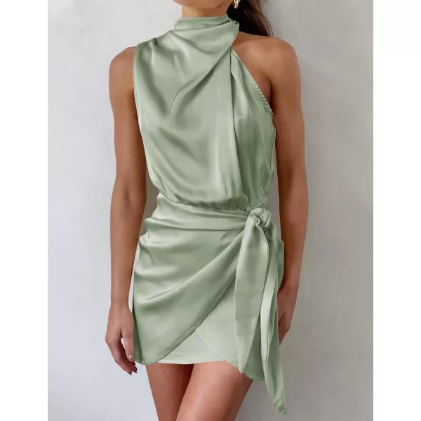 imageZESICA Womens 2024 Fashion Satin Sleeveless Halter Neck Tie Waist Wrap Bodycon Cocktail Party Mini DressGreen
