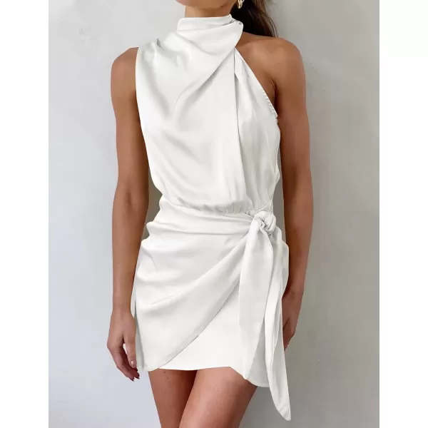 imageZESICA Womens 2024 Fashion Satin Sleeveless Halter Neck Tie Waist Wrap Bodycon Cocktail Party Mini DressIvory