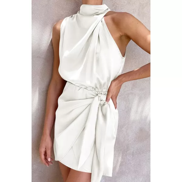 imageZESICA Womens 2024 Fashion Satin Sleeveless Halter Neck Tie Waist Wrap Bodycon Cocktail Party Mini DressIvory