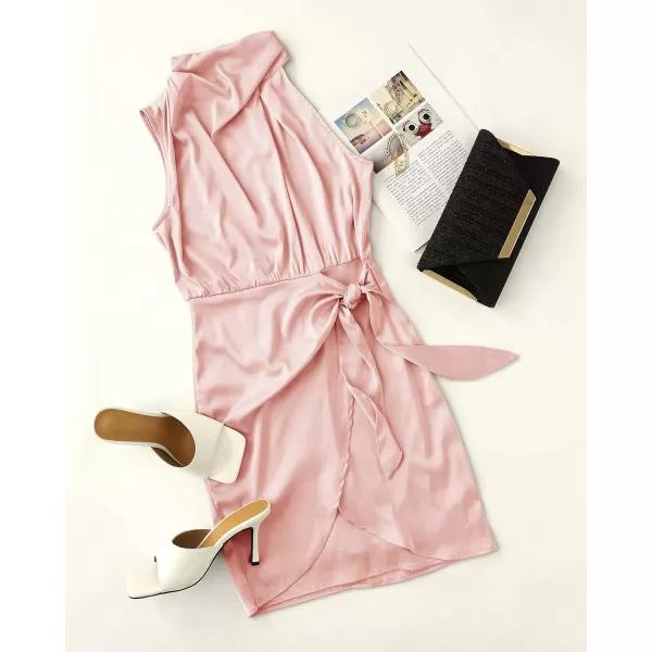 imageZESICA Womens 2024 Fashion Satin Sleeveless Halter Neck Tie Waist Wrap Bodycon Cocktail Party Mini DressLightpink