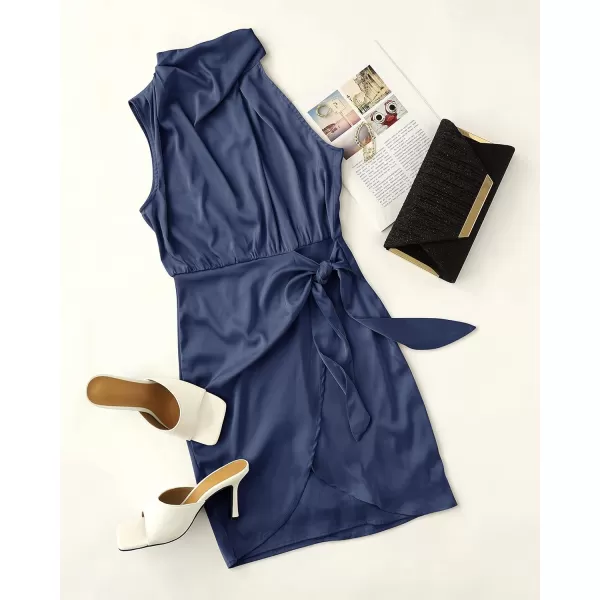 imageZESICA Womens 2024 Fashion Satin Sleeveless Halter Neck Tie Waist Wrap Bodycon Cocktail Party Mini DressNavy