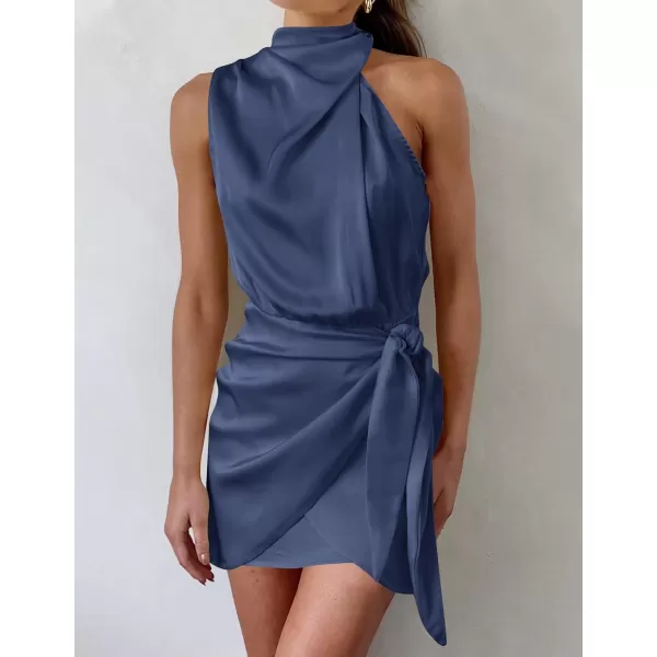 imageZESICA Womens 2024 Fashion Satin Sleeveless Halter Neck Tie Waist Wrap Bodycon Cocktail Party Mini DressNavy