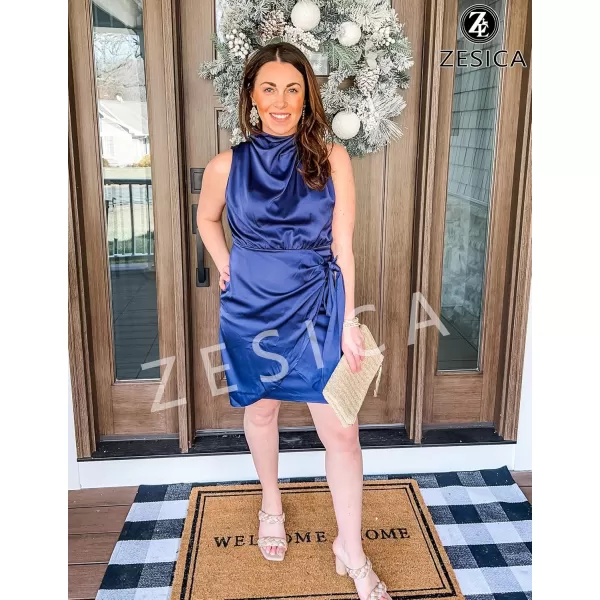 imageZESICA Womens 2024 Fashion Satin Sleeveless Halter Neck Tie Waist Wrap Bodycon Cocktail Party Mini DressNavy