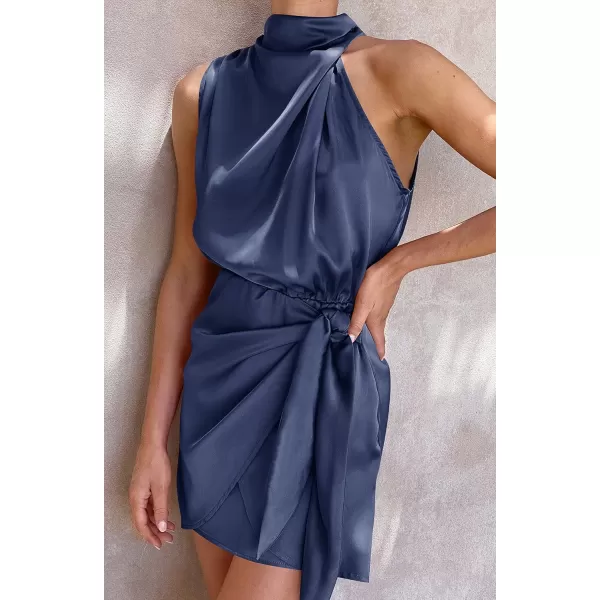 imageZESICA Womens 2024 Fashion Satin Sleeveless Halter Neck Tie Waist Wrap Bodycon Cocktail Party Mini DressNavy