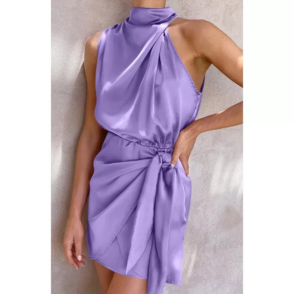 imageZESICA Womens 2024 Fashion Satin Sleeveless Halter Neck Tie Waist Wrap Bodycon Cocktail Party Mini DressPurple