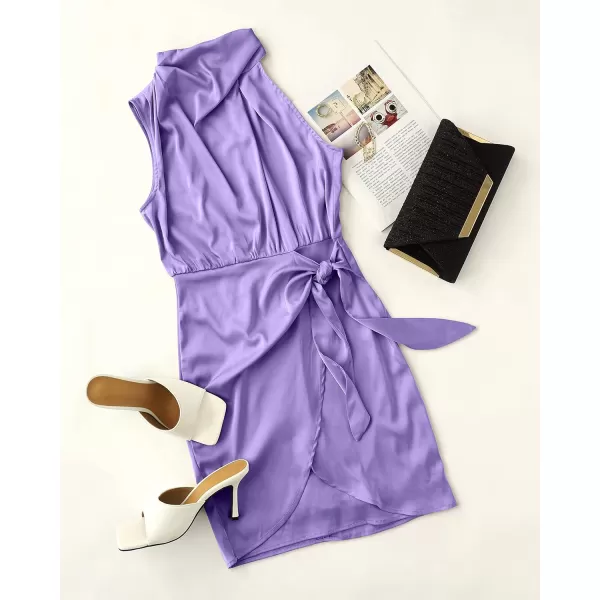 imageZESICA Womens 2024 Fashion Satin Sleeveless Halter Neck Tie Waist Wrap Bodycon Cocktail Party Mini DressPurple