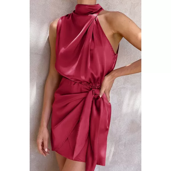 imageZESICA Womens 2024 Fashion Satin Sleeveless Halter Neck Tie Waist Wrap Bodycon Cocktail Party Mini DressRed