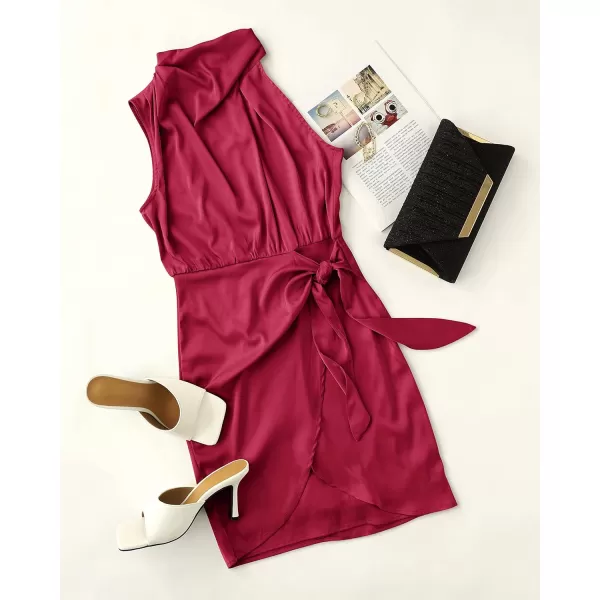 imageZESICA Womens 2024 Fashion Satin Sleeveless Halter Neck Tie Waist Wrap Bodycon Cocktail Party Mini DressRed