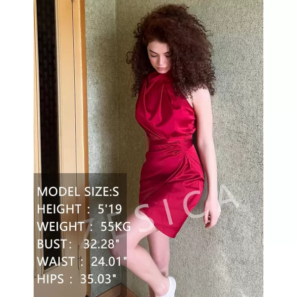 imageZESICA Womens 2024 Fashion Satin Sleeveless Halter Neck Tie Waist Wrap Bodycon Cocktail Party Mini DressRed