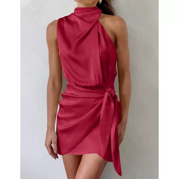 imageZESICA Womens 2024 Fashion Satin Sleeveless Halter Neck Tie Waist Wrap Bodycon Cocktail Party Mini DressRed