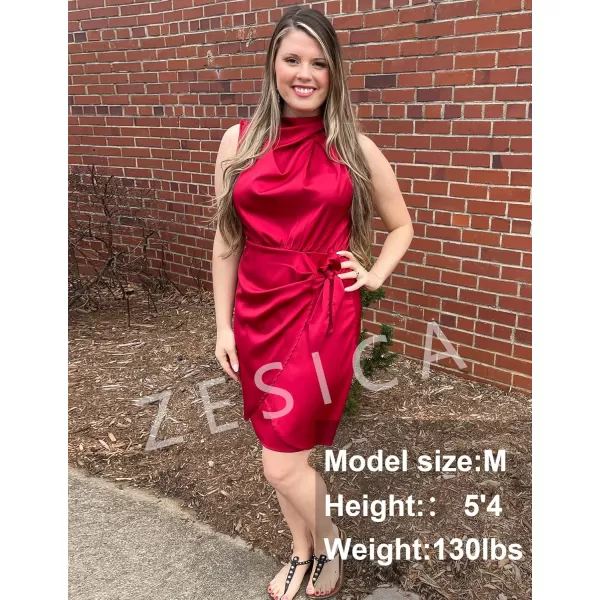 imageZESICA Womens 2024 Fashion Satin Sleeveless Halter Neck Tie Waist Wrap Bodycon Cocktail Party Mini DressRed