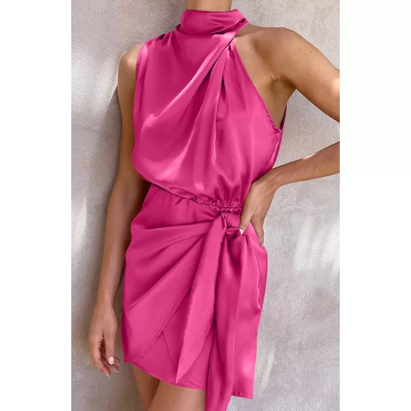 imageZESICA Womens 2024 Fashion Satin Sleeveless Halter Neck Tie Waist Wrap Bodycon Cocktail Party Mini DressRose