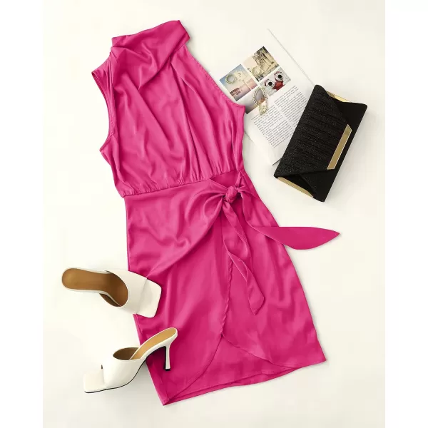 imageZESICA Womens 2024 Fashion Satin Sleeveless Halter Neck Tie Waist Wrap Bodycon Cocktail Party Mini DressRose