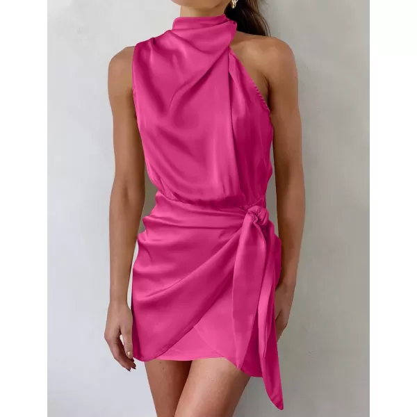 imageZESICA Womens 2024 Fashion Satin Sleeveless Halter Neck Tie Waist Wrap Bodycon Cocktail Party Mini DressRose