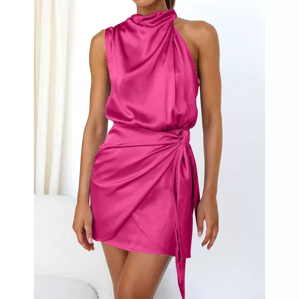 imageZESICA Womens 2024 Fashion Satin Sleeveless Halter Neck Tie Waist Wrap Bodycon Cocktail Party Mini DressRose