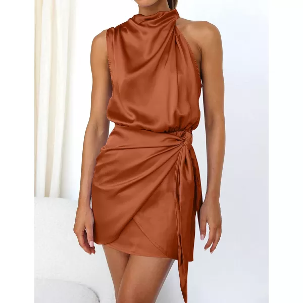 imageZESICA Womens 2024 Fashion Satin Sleeveless Halter Neck Tie Waist Wrap Bodycon Cocktail Party Mini DressRust