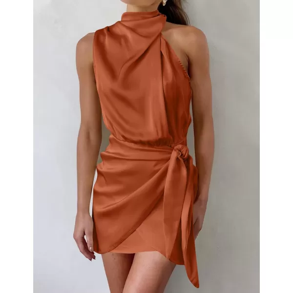 imageZESICA Womens 2024 Fashion Satin Sleeveless Halter Neck Tie Waist Wrap Bodycon Cocktail Party Mini DressRust