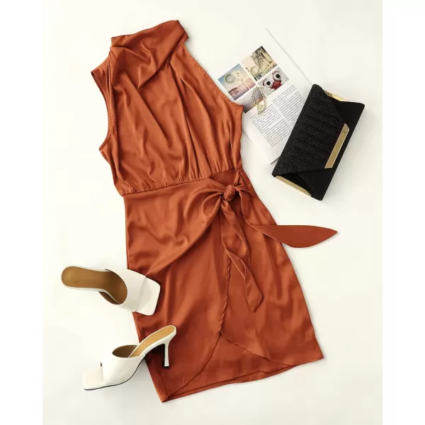 imageZESICA Womens 2024 Fashion Satin Sleeveless Halter Neck Tie Waist Wrap Bodycon Cocktail Party Mini DressRust