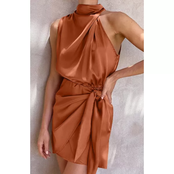 imageZESICA Womens 2024 Fashion Satin Sleeveless Halter Neck Tie Waist Wrap Bodycon Cocktail Party Mini DressRust