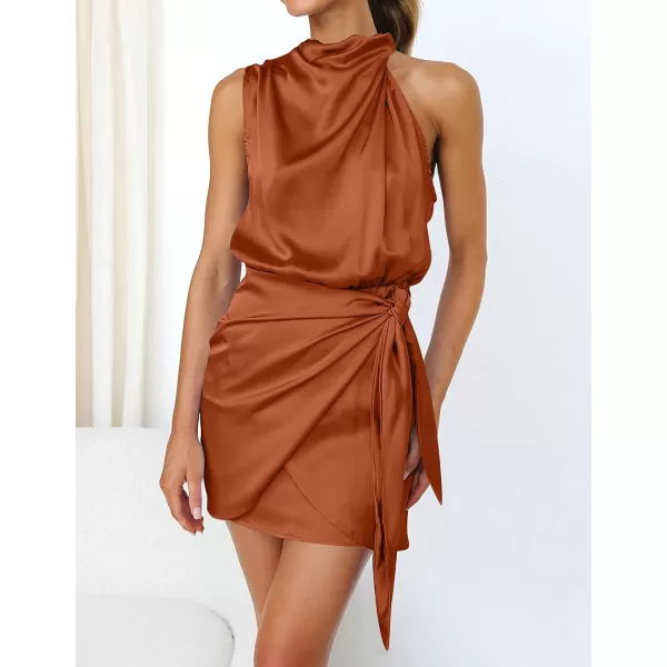 imageZESICA Womens 2024 Fashion Satin Sleeveless Halter Neck Tie Waist Wrap Bodycon Cocktail Party Mini DressRust