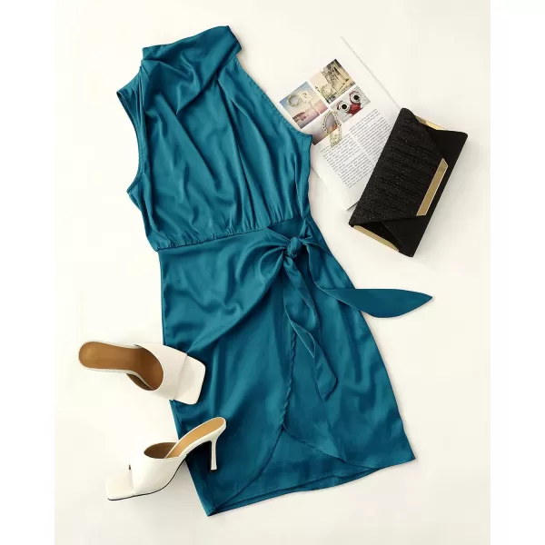 imageZESICA Womens 2024 Fashion Satin Sleeveless Halter Neck Tie Waist Wrap Bodycon Cocktail Party Mini DressTeal