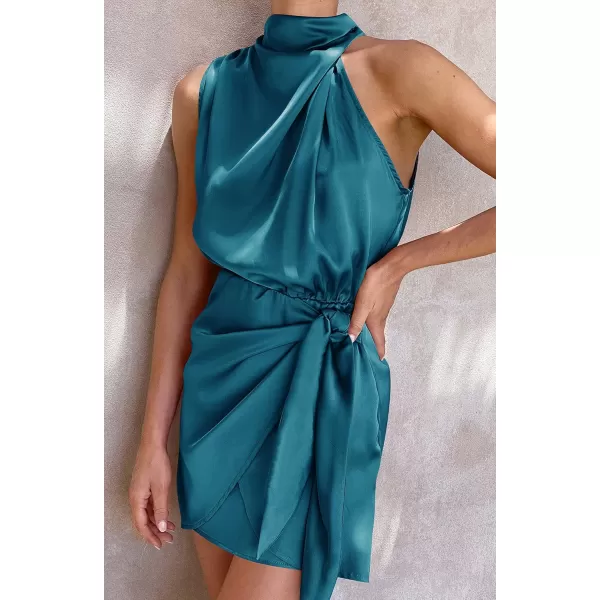imageZESICA Womens 2024 Fashion Satin Sleeveless Halter Neck Tie Waist Wrap Bodycon Cocktail Party Mini DressTeal